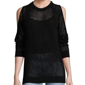 Women's All Black Open Knit Cold Shoulder Long Sleeve Pullover Sweater M NWT